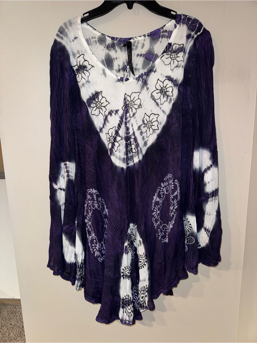 Boho Floral Tie-Dye V-Neck Tunic Top - Purple